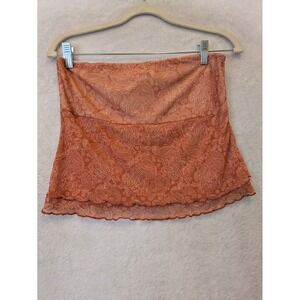 See You Monday Rust Paisley Mesh Tube Top XL Strapless Lettuce Hem Boho Y2K